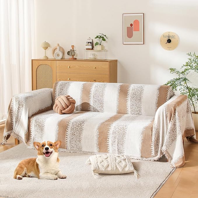 Boho Sofa Cover, Couch Covers for 3 Cushion Couch Sofa Pet Friendly, Sofa Cover Washable, Soft Chenille Living Room Couch Covers Slipcover, Pet Furniture Protecto(1# Khaki, 71" x 134")