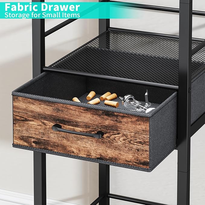 HapiRm Wine Rack Freestanding Floor - 4-Tier Stepped Liquor Cabinet Bar Stand for Home with Fabric Drawer, Wine & Glass Organizer for Living Room, Kitchen, or Dining Room