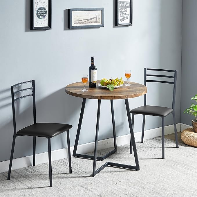 VECELO Round Dining Room Table with Wood Grain Tabletop and Steel Frame, for Kitchen, Living Room, Office, Conference, 2 to 4 Person, Antique Brown