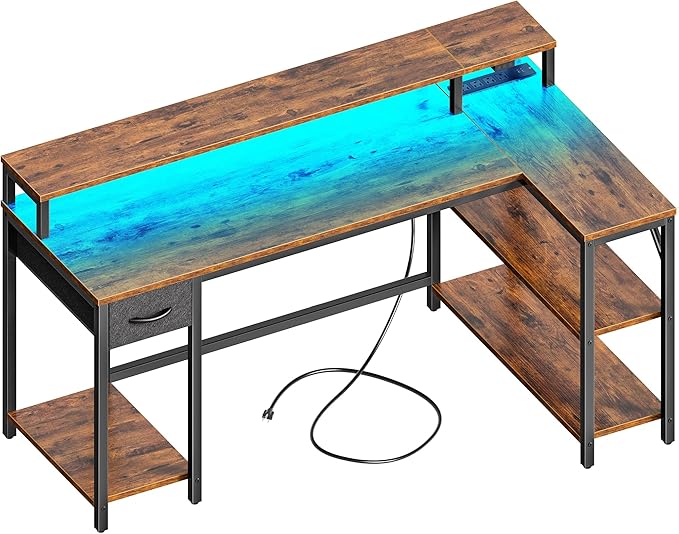 SUPERJARE 53 inch Reversible L Shaped Desk with LED Lights & Power Outlets, Computer Desk with Shelves & Monitor Stand, Gaming Desk with Drawer, Home Office Desk Corner Desk, Rustic Brown