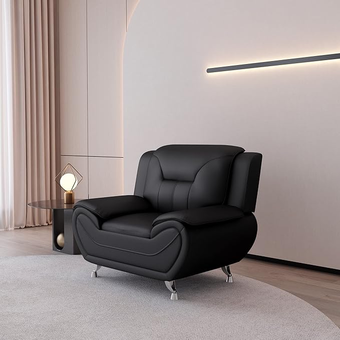 Container Furniture Direct Michael Modern Faux Leather Upholstered Stainless Steel Legs Living Room, Chair, Loveseat, Sofa, Black