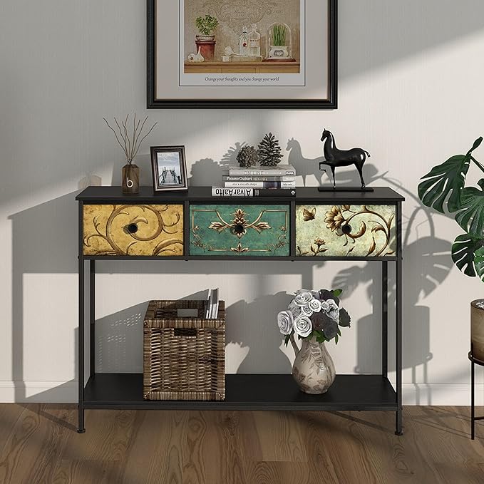 Tohomeor Entryway Console Table with 3 Retro Flowers Fabric Drawers Boho Narrow Long Behind Couch Farmhouse Sofa Table with Bottom Open Storage Shelf for Hallway Living Room Foyer (Black, 3 Drawers)