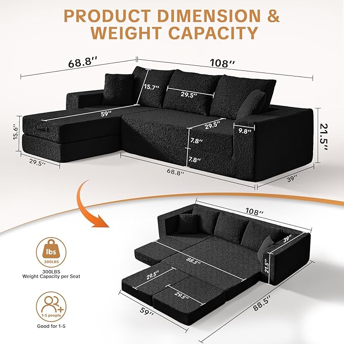 108" Modular Sectional Cloud Sofa - Boneless Couch with Deep Seat, Non Slip Base, Folding Sofa Sectional Couches for Living Room, Cozy Modular Couch with L-Shape Chaise, No Assembly Required, Black