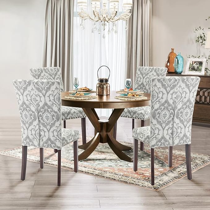 Parsons Dining Chairs Set of 2, Upholstered Nailhead Dining Room Kitchen Side Chair with Thick Cushions and Wood Legs, White/Grey