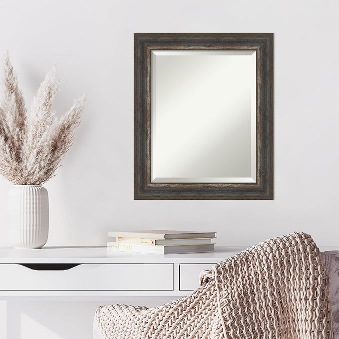 Amanti Art Brown Wall Mirror 25x21 Alta Rustic Char Rectangle Bathroom Mirror for Wall Decor Living Room, Small Rustic Farmhouse Frame, Hangs Horizonally and Vertically, Bathroom Decor, Beveled Edge