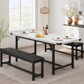 3-Piece Dining Table Set for 4-6 People, Extendable Kitchen Table Set with 2 Upholstered Benches, Dining Room Table Set for Apartment, Kitchen, Living Room, Marble White