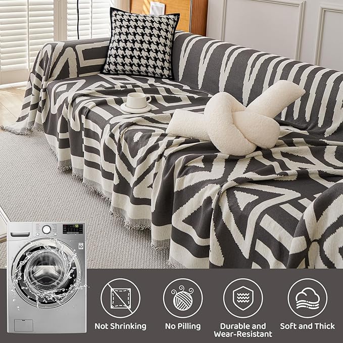 STACYPIK Modern Dark Grey Couch Cover, Boho Chenille Sofa Covers for Loveseat, Reversible Non Slip Triangle Pet Protector for 3 Cushion Couch Washable Sectional Couch Cover for L-Shaped-71X150IN