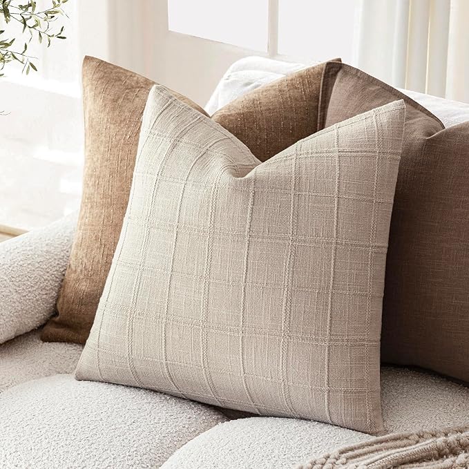 Foindtower Set of 2 Decorative Linen Check Throw Pillow Covers Neutral Farmhouse Vintage Cushion Covers Modern Boho Home Decor For Sofa Chair Couch Bedroom Living Room Outdoor,20×20 Inch,Natural Linen