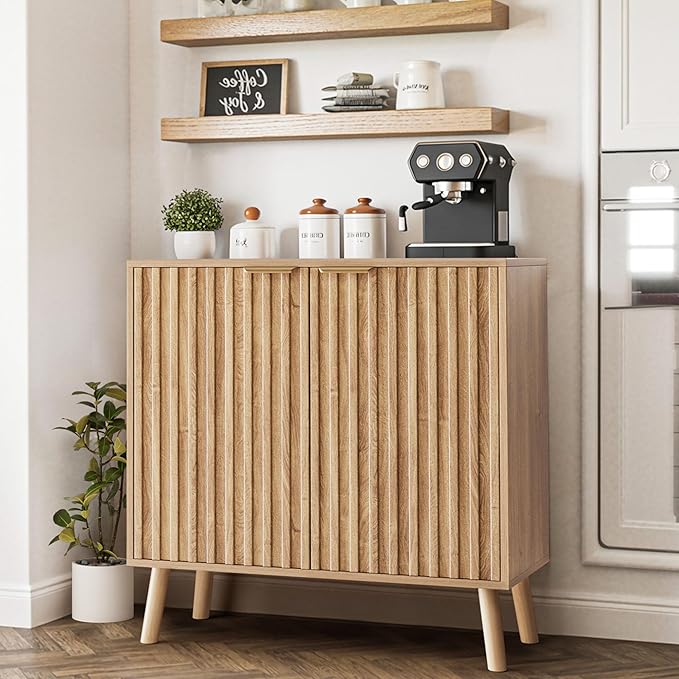 Pamapic Fluted Storage Cabinet, Sideboard Buffet Cabinet with Storage, Buffet Sideboard, Console Table, Credenza, Wood Modular Organizer with Doors & Shelf（Oak）