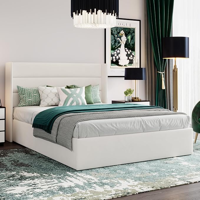 SHA CERLIN Full Size Lift Up Storage Bed/Velvet Upholstered/Modern Wingback Headboard/Upholstered Platform Bed Frame/Hydraulic Storage/No Box Spring Needed/White