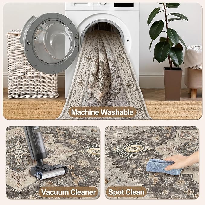Tangsoo Washable Rug 4x6 Area Rug, Vintage Rug Indoor for Living Room, Non Slip Machine Washable Large Rugs, Soft Print Distressed Brown/Grey Farmhouse Carpet for Bedroom Dining Room Dorm Office