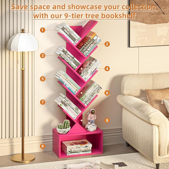 9 Tier Tree Bookshelf,Christmas Green Bookcase for Narrow Space, Storage Organizer Floor Standing Bookshelves for Books, Tall Book Case for Home Office, Living Room, Bedroom