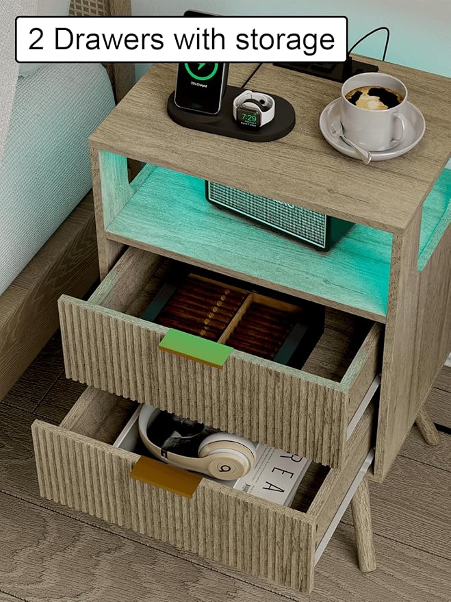 Nightstand, Modern Bedside Table with 2 Storage Drawer and Open Wood Shelf for Bedroom and Small Spaces, Night Stand with Solid Wood Legs (Grey Oak-Outlet)