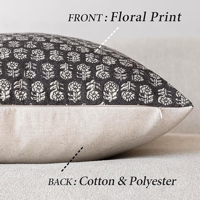 Foindtower Set of 2 Decorative Neutral Floral Print Throw Pillow Covers Vintage Accent Farmhouse Cushion Covers Boho Home Decor for Sofa Couch Chair Bedroom Living Room Outdoor,22×22 Inch,Black