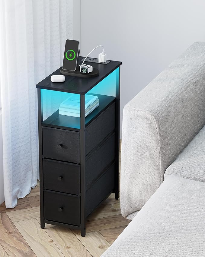TUTOTAK Narrow LED Night Stand with Charging Station, Slim End Table with Plugins, Tall Side Table with 3 Fabric Drawer, Small Bedside Table with Storage, Set of 2, for Living Room, Black TB01BK073L