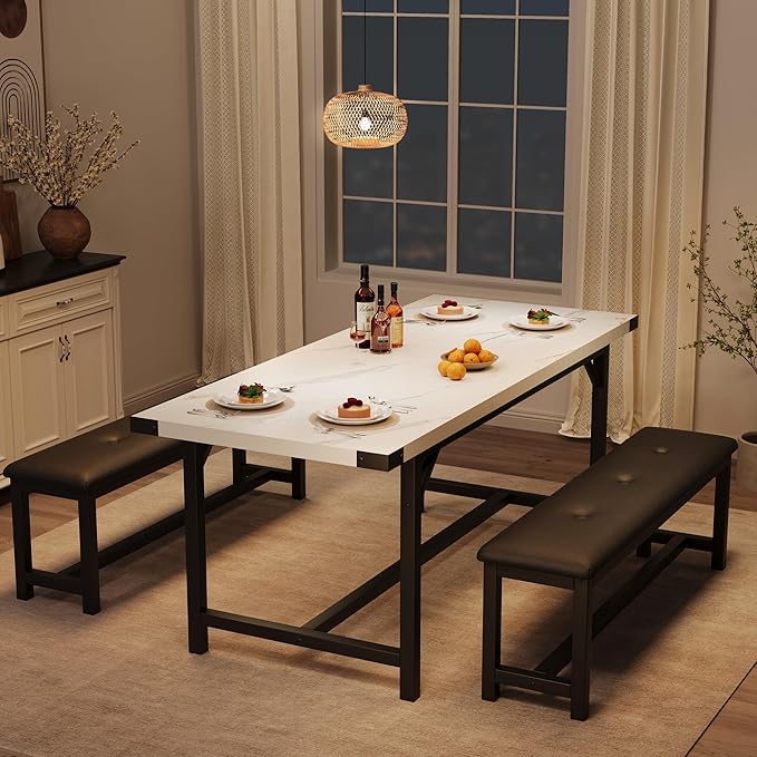3-Piece Dining Table Set for 4-6 People, Extendable Kitchen Table Set with 2 Upholstered Benches, Dining Room Table Set for Apartment, Kitchen, Living Room, Marble White