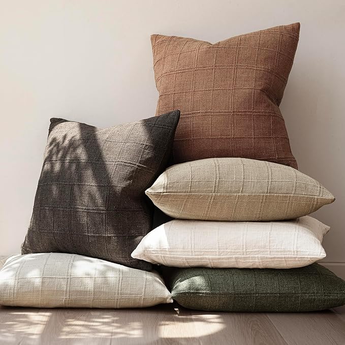 Foindtower Set of 2 Decorative Linen Check Throw Pillow Covers Neutral Farmhouse Vintage Cushion Covers Modern Boho Home Decor for Sofa Chair Couch Bedroom Living Room Outdoor,18×18 Inch,Dark Brown