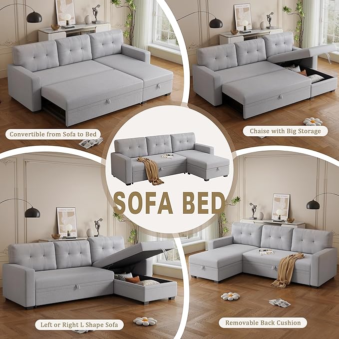 Ball & Cast L-Shape Convertible Sectional Sleeper Sofa Bed 4 in 1 Pull Out Couch with Reversible Storage Chaise & Removable Back Cushions,Sleeper Corner Couch Pull Out Sofa Bed for Living Room,Office
