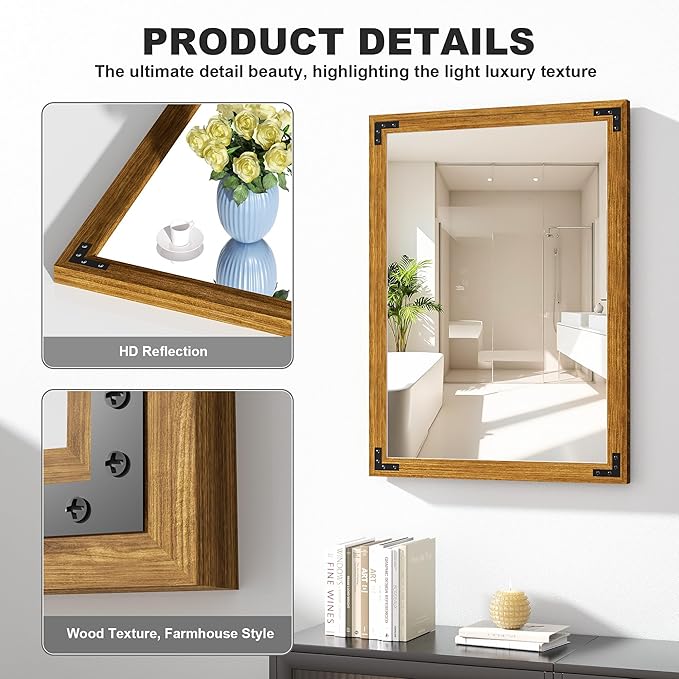 Hasipu Farmhouse Bathroom Mirror, 22"x30" Rustic Wood Framed Wall Mounted Mirror, Walnut Vintage Vanity Mirror Modern Farmhouse Style Decrative Mirrors