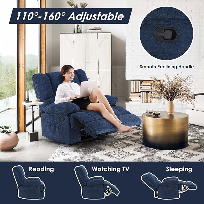 Oversized Rocker Recliner Chair, Wide Rocker Chair with Adjustable Backrest Footrest, Oversized Recliner for Adults, Reclining Sofa for Living Room, Blue