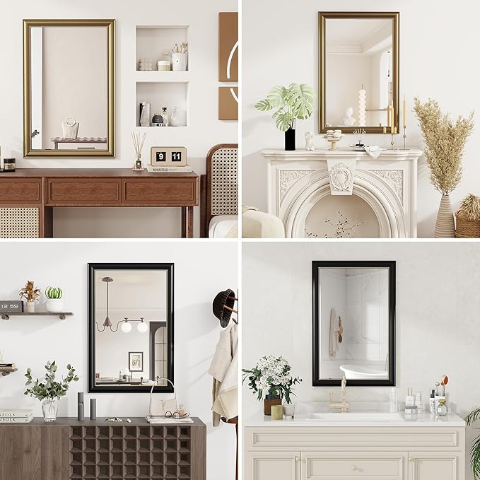 Axeman 24x36 Rectangular Wall Mirror, Decorative Bathroom Mirror, Traditional Vintage Wall Mounted Mirror with Beaded Frame for Accent Living Room Vanity Bedroom Entryway, Gold