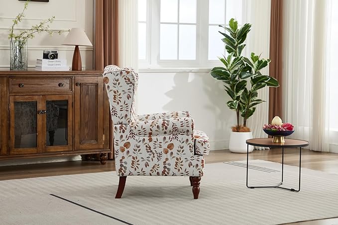 Ball & Cast Modern Accent Chair,Comfy Upholstered Armchair with Retro Wood Legs,Floral Design Single Sofa Chair,Living Room Furniture for Apartment,Bedroom,Office,Linen Fabric,Floral Yellow