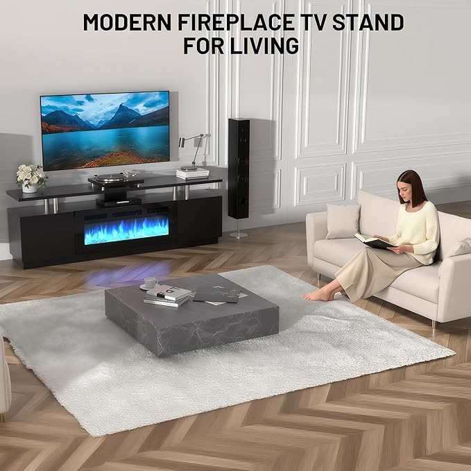 70" Fireplace TV Stand for TVs Up to 80", Entertainment Center with 36inch Fireplace, 12 Flame & LED Colors, 2-Tier TV Console & Storage Cabinet