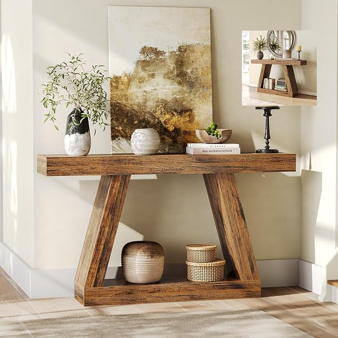 LITTLE TREE 55-Inch Sofa Table with Storage, Farmhouse Console Table for Home, Rectangular Wooden Entryway Furniture for Living Room, Bedroom, Office, Hallway, Brown