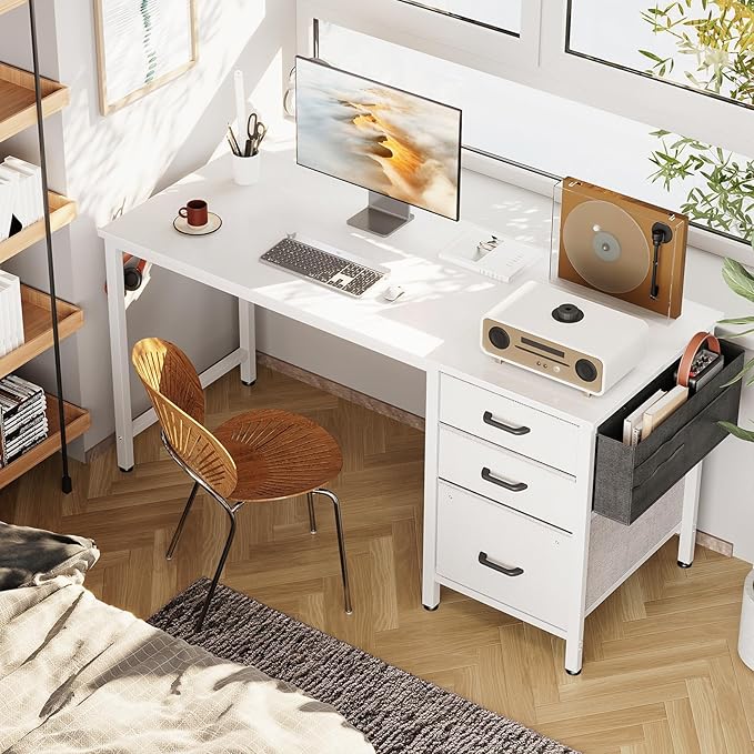 Casaottima 48" Small Computer Home Office Desk for Bedroom with Fabric Drawers & File Cabinet, Cloth Storage Bag and Hook, Writing Study Work Table for Small Space, White