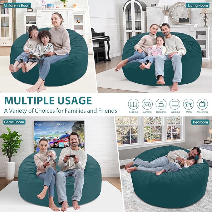 5FT Bean Bag Chair, Large Bean Bag Chairs with Memory Foam Filled, Fluffy Beanbag Sofa with Dutch Velvet Cover, Round BeanBag Chairs for Living Room, Playroom- Sea Blue