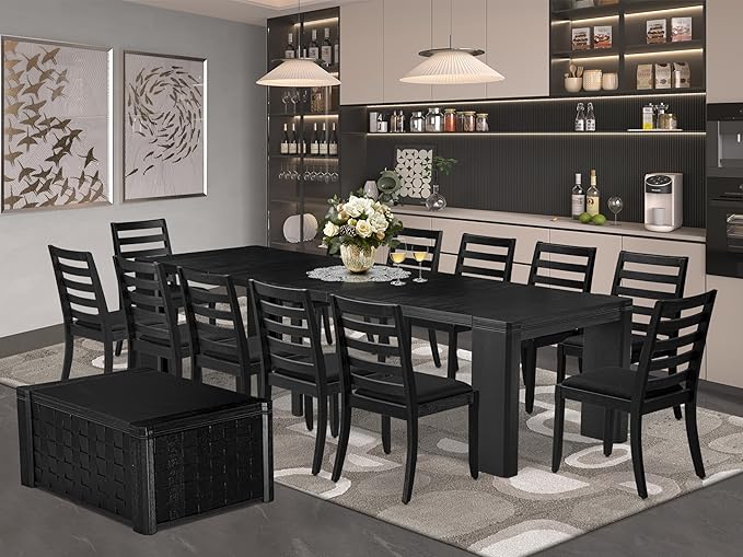 X12X1-0C6-24 14-pc Modern Dining Room Table Set a Rectangular Dining Table with a coffee Table and 12 Black Polyester Stackable Chair, 39x120 Inch, Wire Brushed Black