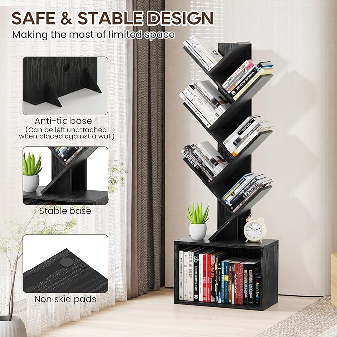 6 Tier Tree Bookshelf, Sturdy Retro Floor Standing Wood Bookcase, Storage Rack for Home Office, Living Room, Bedroom, Reading Spot, Heavy Book Organizer Shelves for CDs/DVDs/Movies, Black