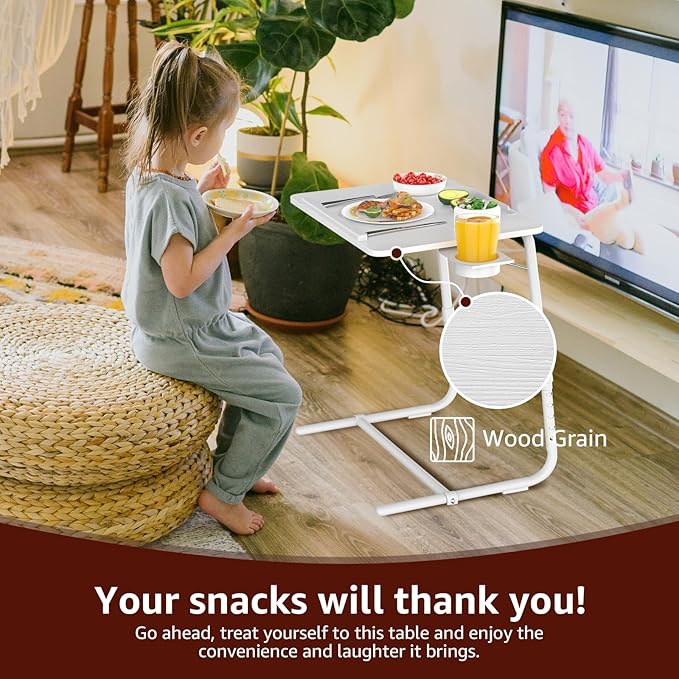 Adjustable TV Tray Folding Dinner - White Trays for Eating On Couch Wooden Tables Mate Stand Foldable Desk with Cup Holder Portable