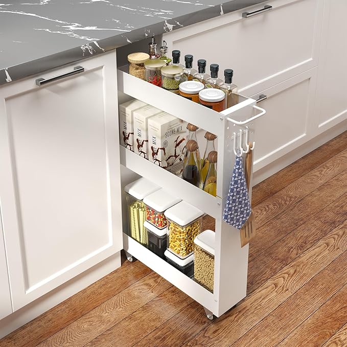 Slim Storage Cart, 5 in Width, 3-Tier White Rolling Cart with Handle for Kitchen Bathroom Laundry Narrow Places