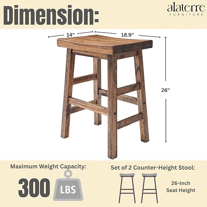 Alaterre Furniture Durango 26-Inch Industrial Wood Counter-Height Stools – Set of 2 Rustic Saddle Seat Bar Stools - Vintage Style with Light or Dark Lacquer Finish for Kitchen Island or Home Bar
