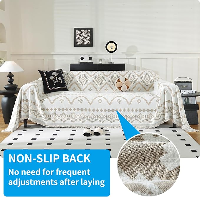 LUFEIJIASHI Boho Couch Covers for Sofa Non Slip Sofa Covers Washable Couch Covers for 3 Cushion Couch Sofa Pet Friendly Sectional Couch Cover Blanket Furniture Protector for Dogs (Khaki, 91"x118")