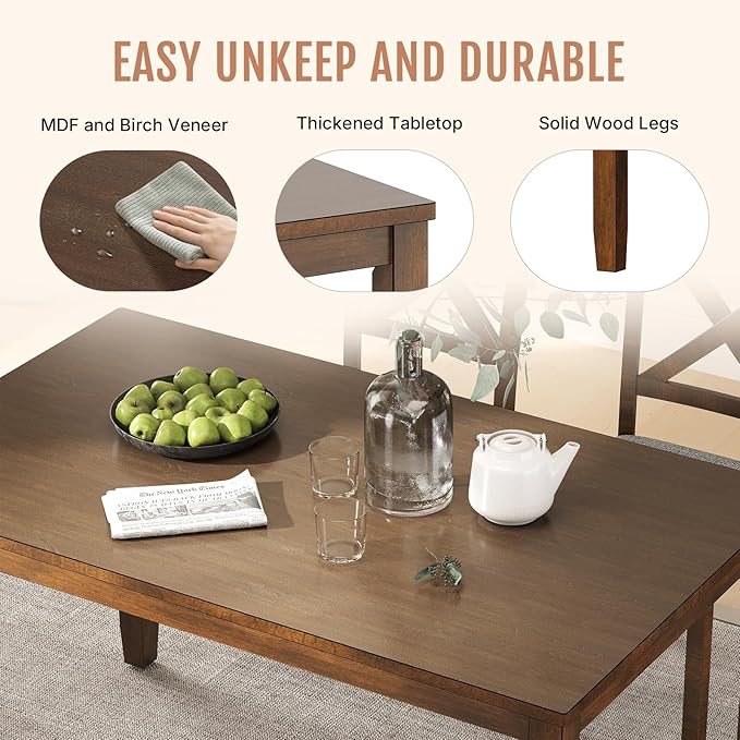 6-Piece Solid Wood Dining Table Set, Including 1 Dining Table, 4 Upholstered Chairs and 1 Bench, Wooden Dining Table Set for Kitchen, Dining Room, Walnut