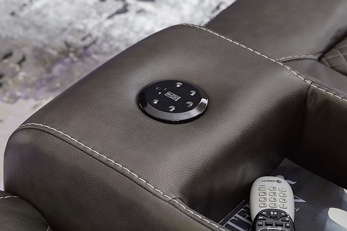 Signature Design by Ashley Fyne-Dyme Contemporary Power Reclining Loveseat with Console, USB Charging Ports and Adjustable Headrest, Gray