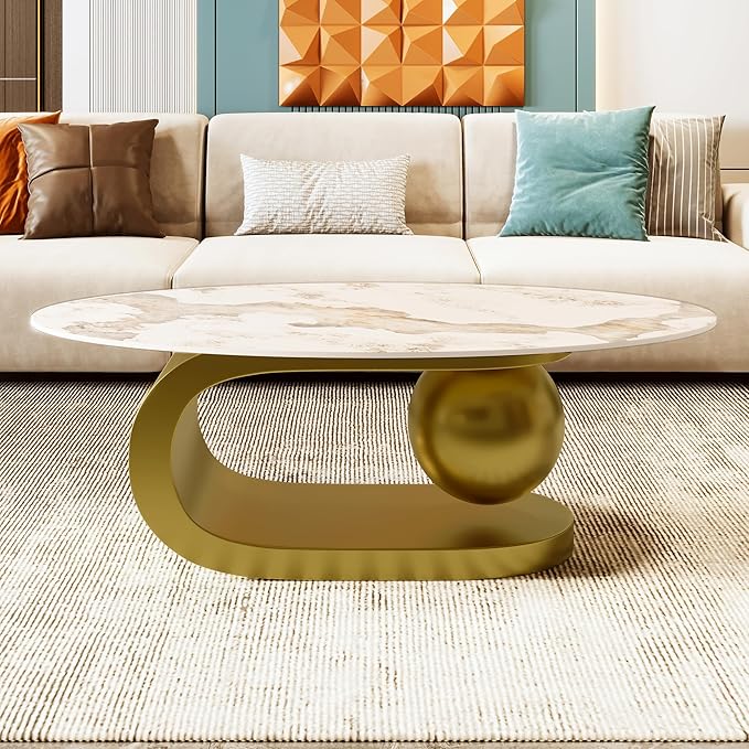 Merax 47.2" Modern Oval Coffee Table, Marble Pattern Sintered Stone Coffee Tabletop with Gold Stainless Steel Base for Living Room, White+Gold