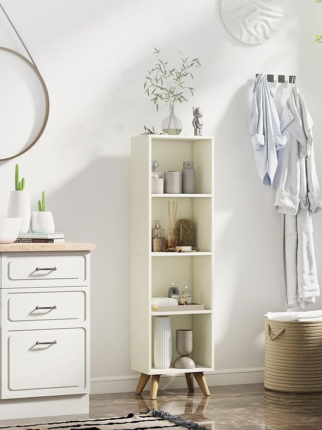 Manora Small Bookcase with 4 Open Shelves, Modern White Bookshelf with Wooden Legs, Narrow Storage Organizer for Living Room, Bedroom, Office