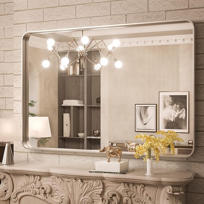 TokeShimi 40 x 30 Inch Brushed Silver Bathroom Mirror for Wall Brushed Brass Metal Rounded Corner Rectangle Mirror Metal Frame Deep Set Design Hangs Horizontal Or Vertical