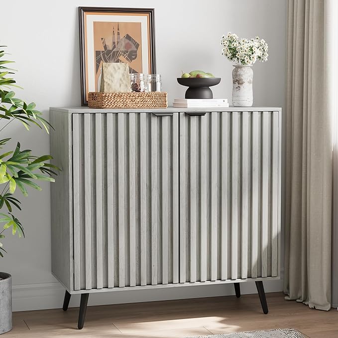 Semiocthome Gray Buffet Cabinet with Storage, Sideboard with Fluted Doors and Metal Legs, Storage Cabinet with Adjustable Shelf, Accent Table for Living Room, Dining Room, Kitchen, Entryway