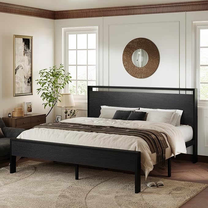Allewie King Size Platform Bed Frame with Wooden Headboard and Footboard, Heavy Duty 12 Metal Slats Support, No Box Spring Needed, Under-Bed Storage, Noise Free, Easy Assembly, Black Oak