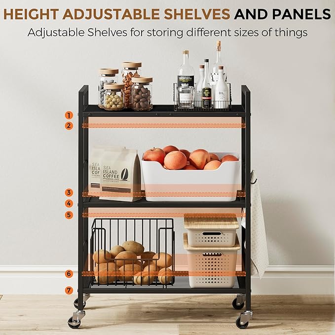3-Tier Metal Storage Rack with Industrial Wheels,Mesh Shelving Unit with Wooden Table top,Adjustable Shelf,23.6-Inch Width,for Kitchen,Laundry,Pantry,Plant,Black panel and black frame
