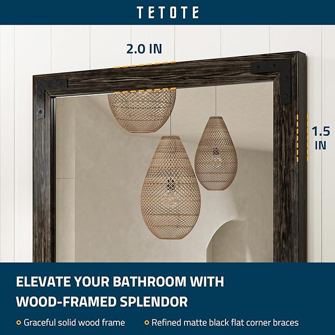 TETOTE 48 x 24 Black Wood Framed Mirror for Bathroom Wall/Bedroom/Living Room/Entryway Farmhouse Rustic Bathroom Vanity Mirror Waterproof (Horizontal/Vertical Mounted)