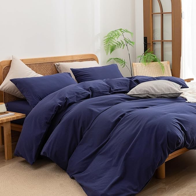 BESTOUCH Duvet Cover Set 100% Washed Cotton Linen Feel Super Soft Comfortable Chic Lightweight 3 PCs Home Bedding Set Solid Navy Blue Super Queen