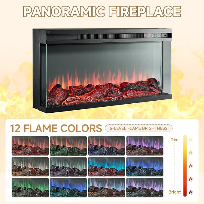 ROCKPOINT 3 Sided Glass 59'' Fireplace TV Stand for TVs up to 65'', Media Entertainment Center with Glass Door Storage Cabinet for Living Room,24” Electric Fireplace & Adjustable LED Light,White