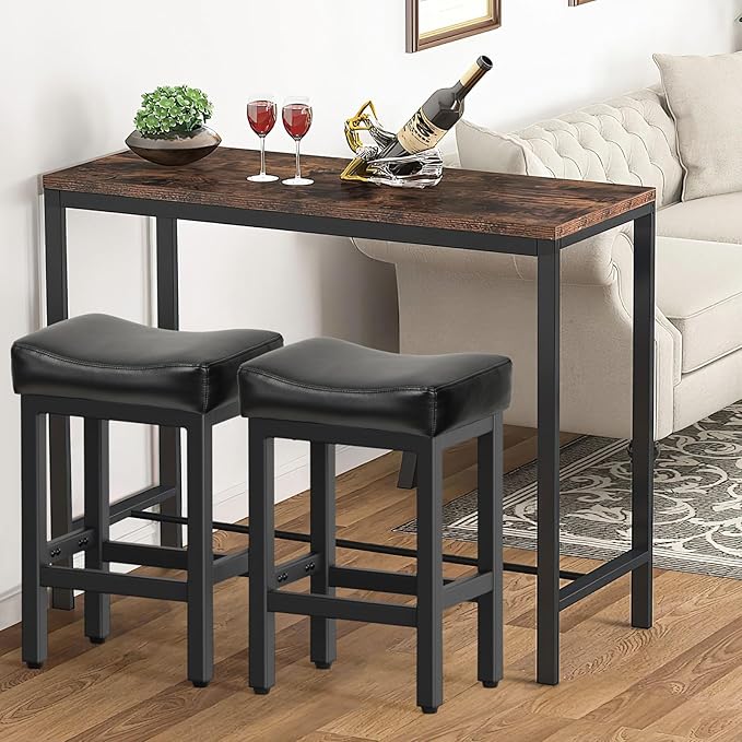 Counter Height Bar Stools Set of 3, 24 Inch Barstools for Kitchen Island Counter, Bonded Leather Kitchen Stools with Thick Saddle Seats & Heavy Duty Metal Base, Easy Assembly, Brown/Black