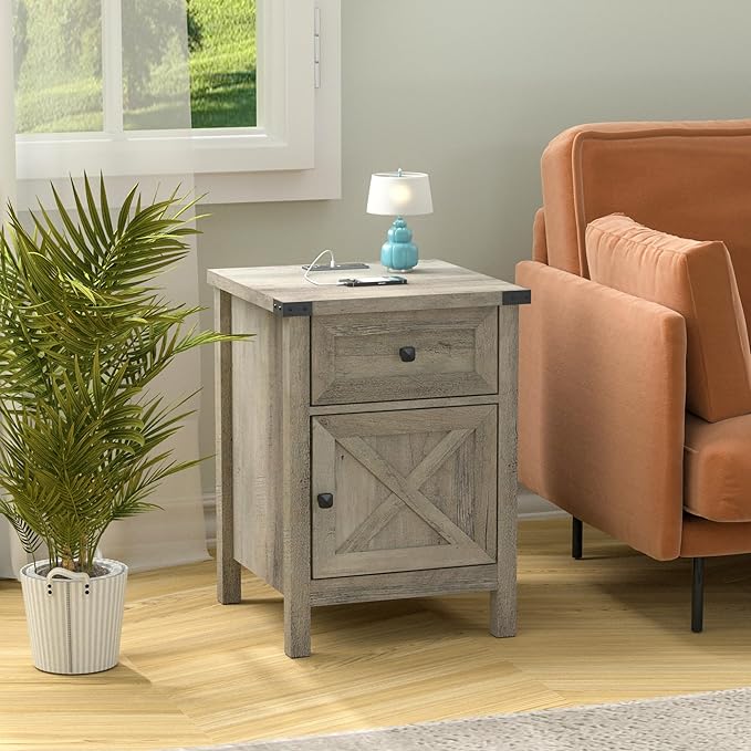Rustic Nightstand with Charging Station, Night Stand with Barn Door and Drawer, Storage Bedroom Living Room Bedside Table Farmhouse End Table Industrial Bedside Table with USB Ports and Outlets，Grey