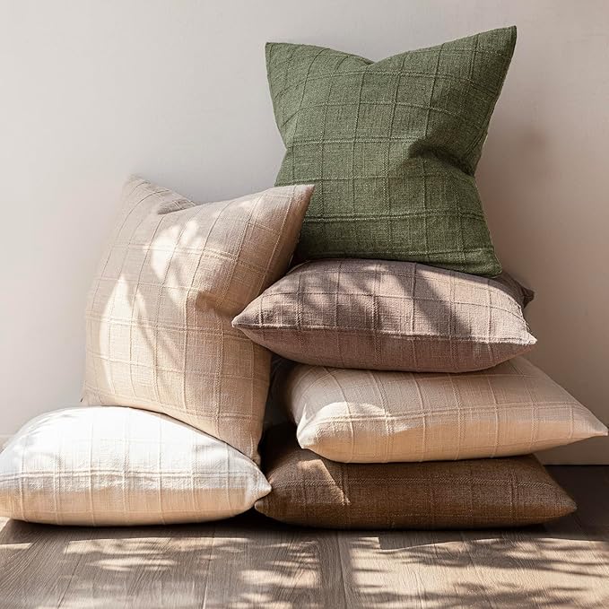Foindtower Set of 2 Decorative Linen Check Throw Pillow Covers Neutral Farmhouse Vintage Cushion Covers Modern Boho Home Decor for Sofa Chair Couch Bedroom Living Room Outdoor,20×20 Inch,Sage Green